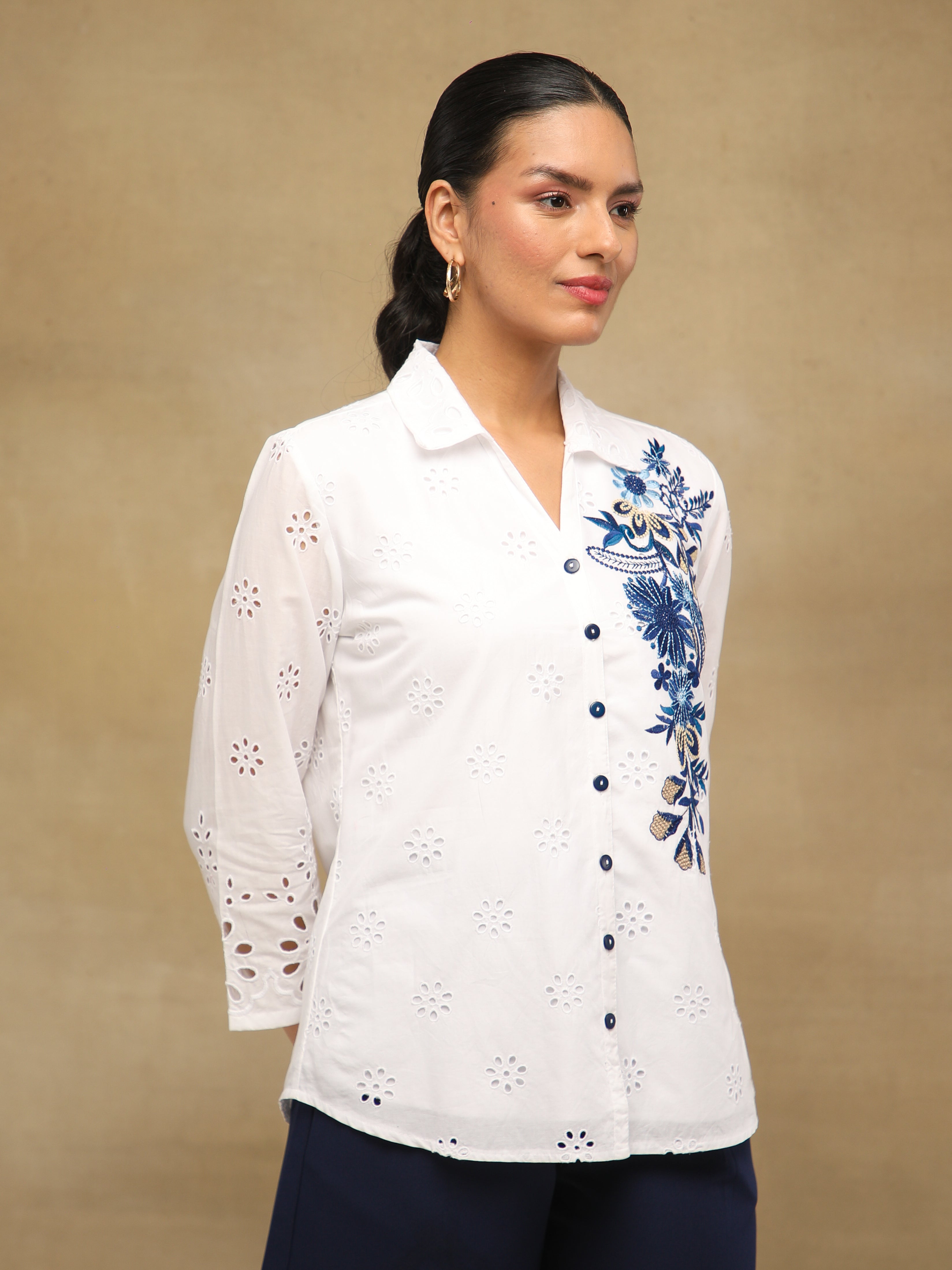 Ivory Indigo Schiffli Shirt