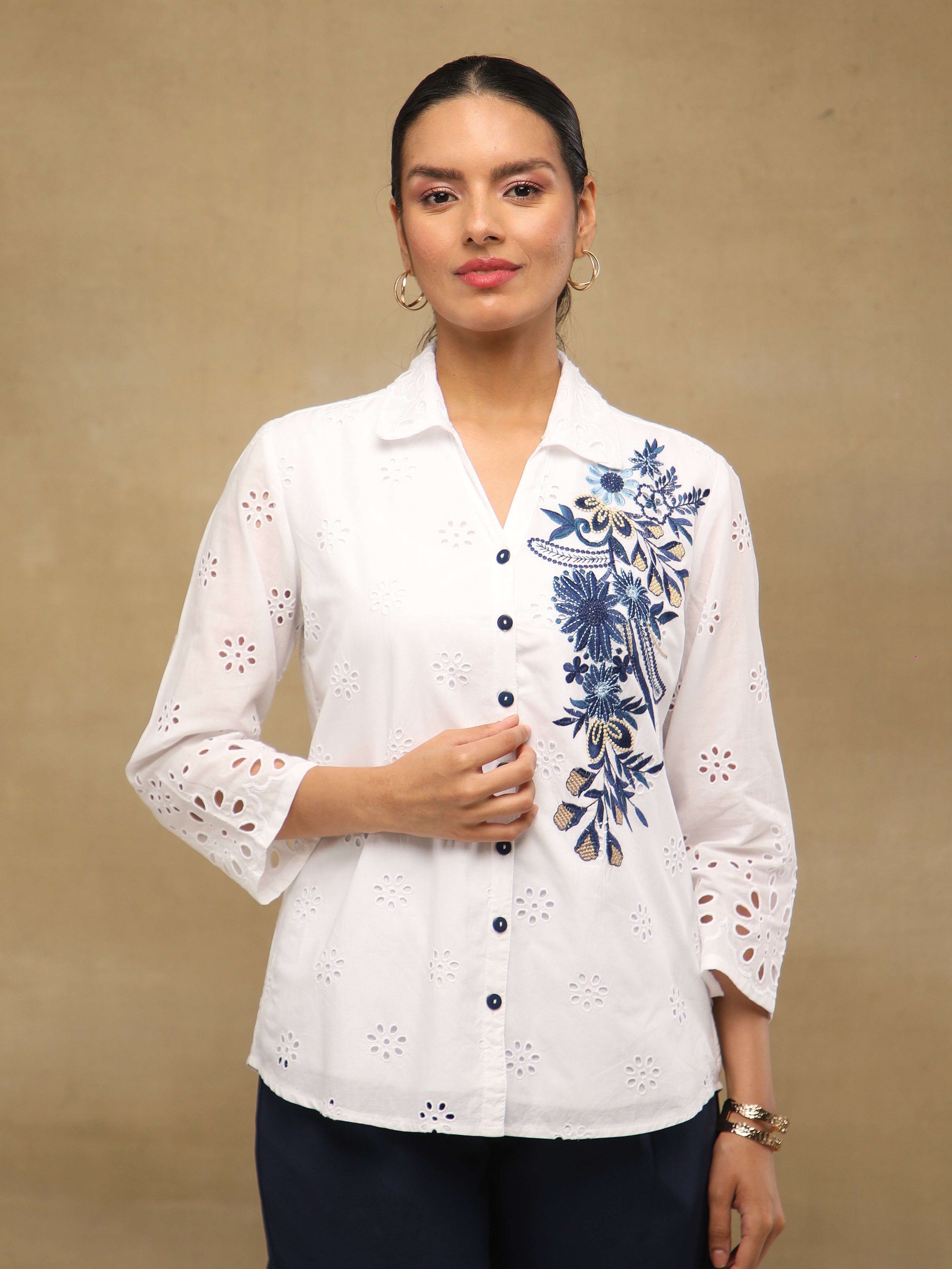 Ivory Indigo Schiffli Shirt