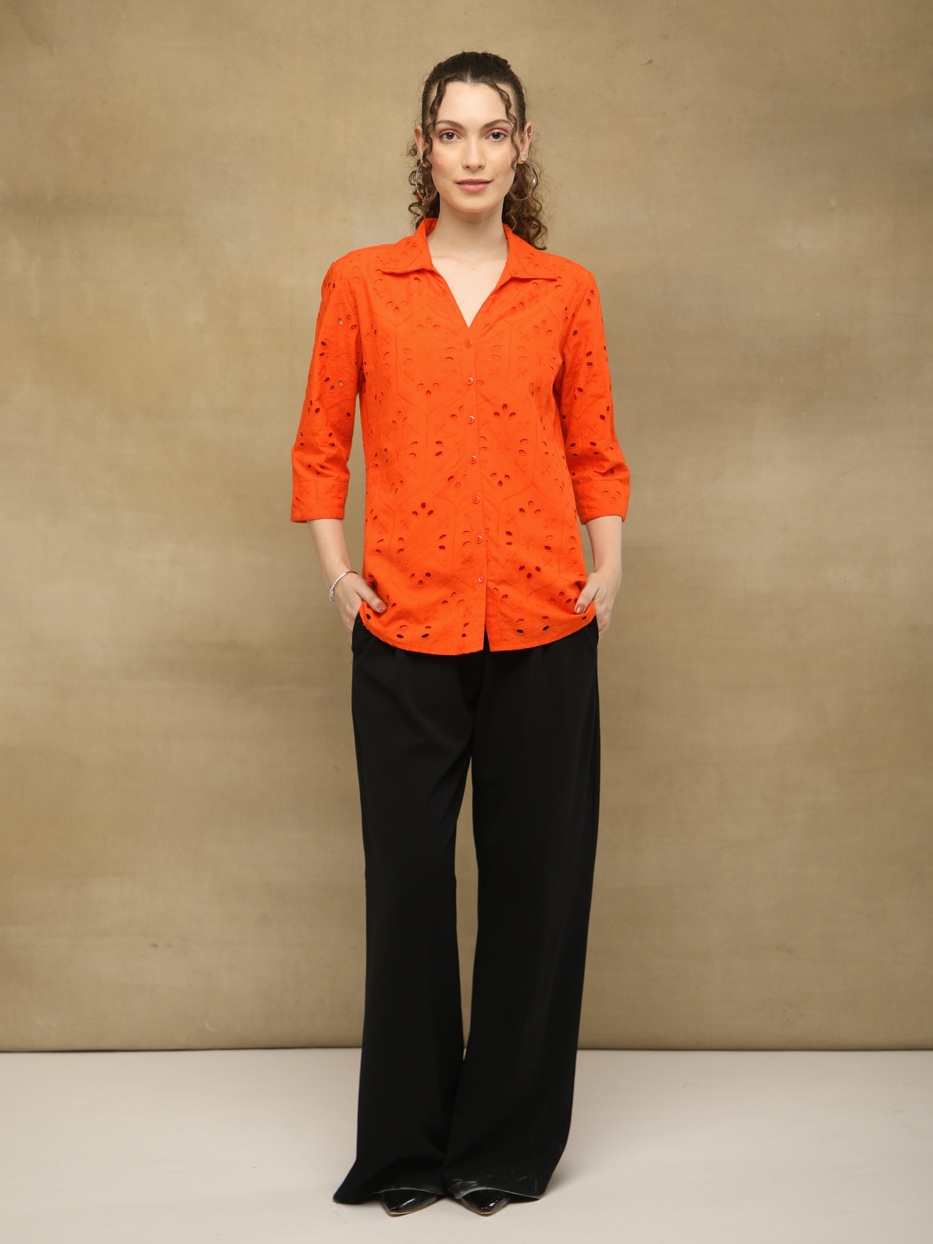 Orange Cotton Schiffli Shirt