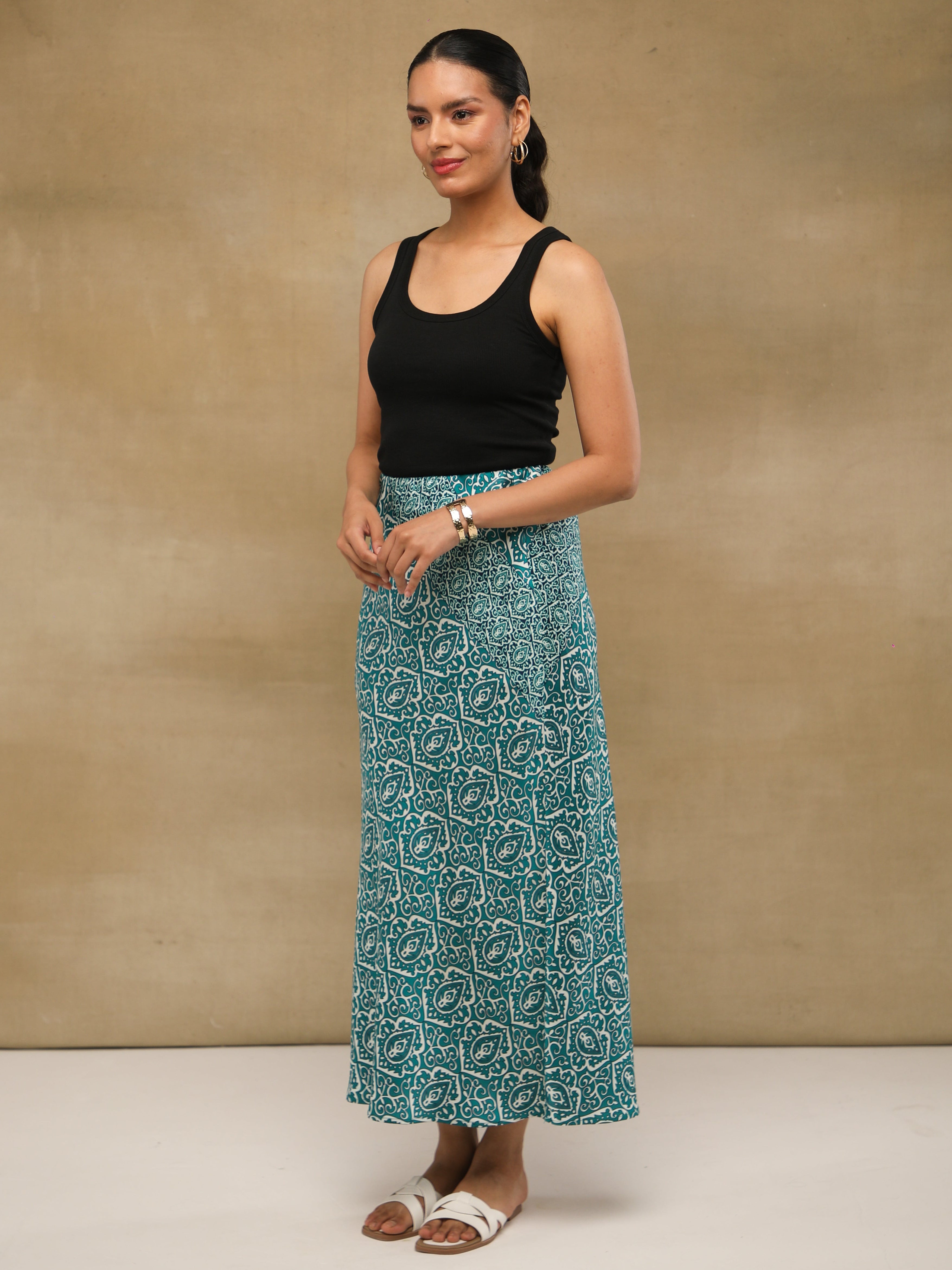 Teal Paisley Satin Skirt