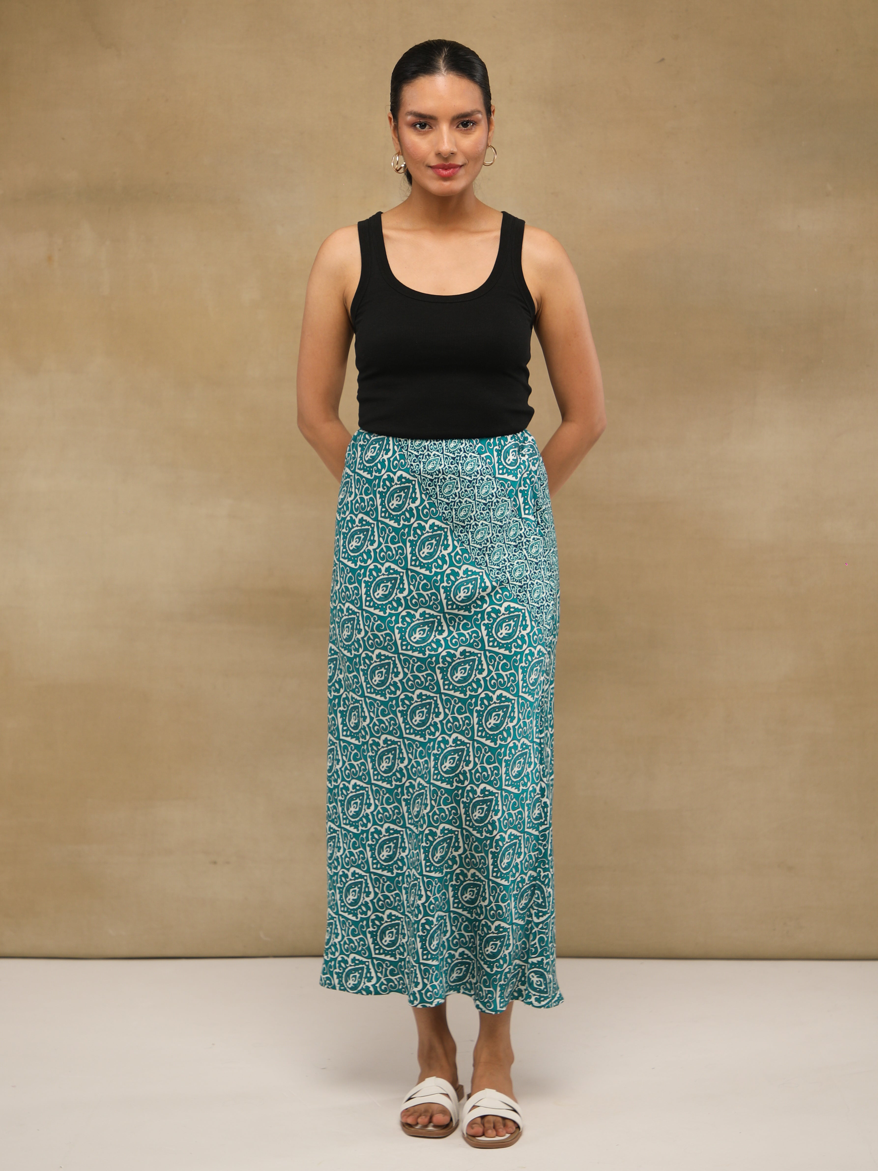 Teal Paisley Satin Skirt