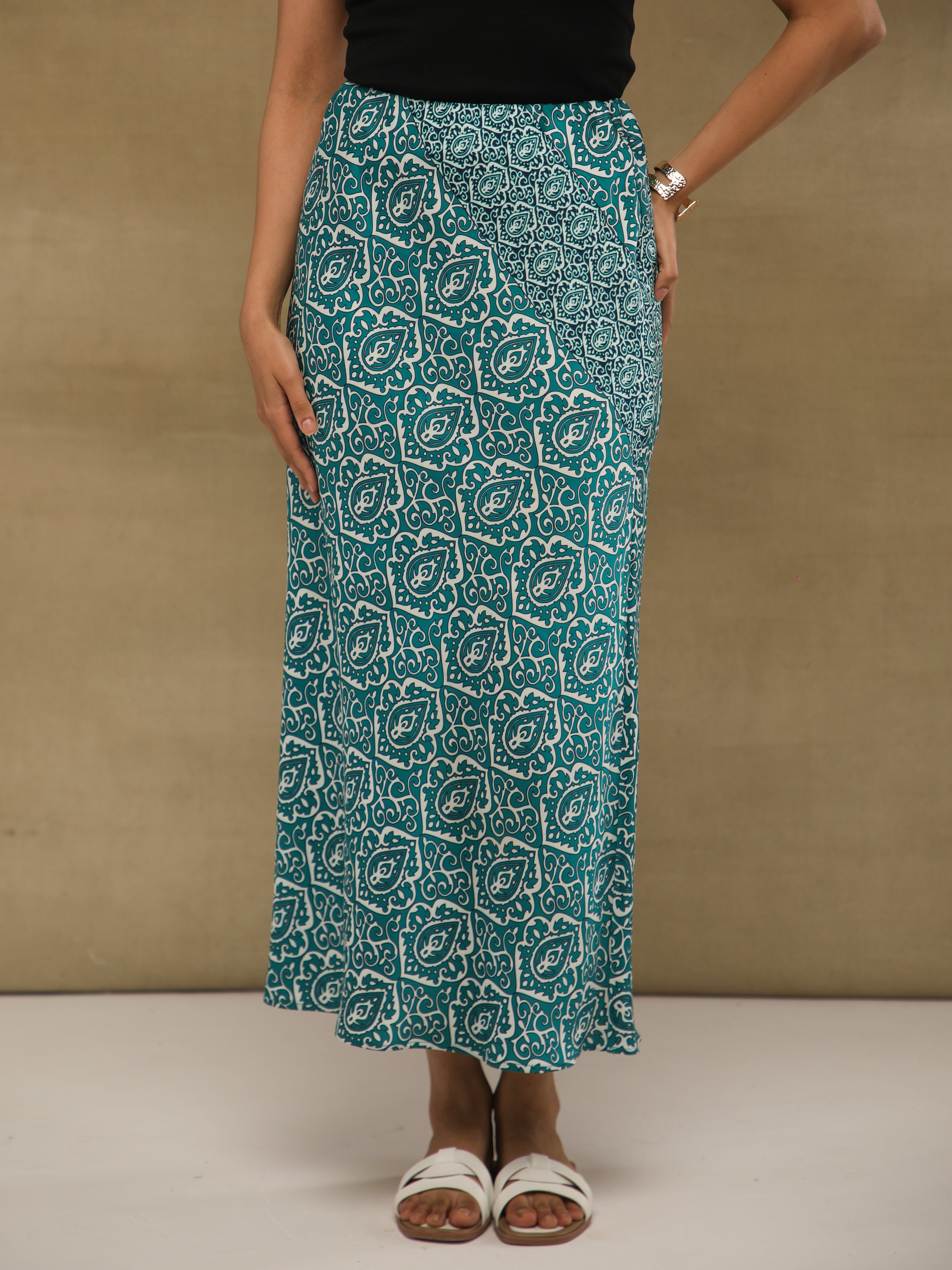 Teal Paisley Satin Skirt