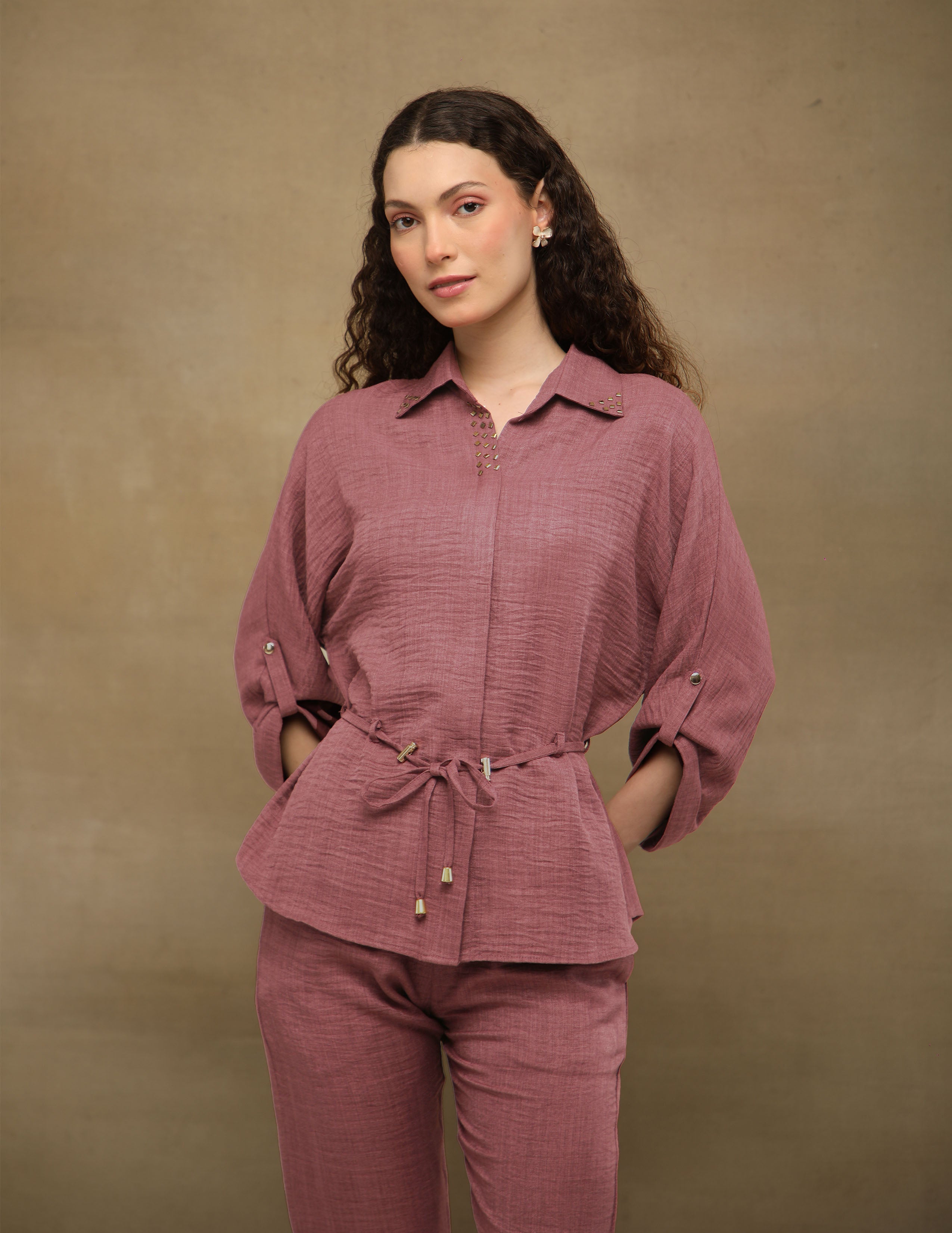 Pink Rhinestone Linen Co-ord Set