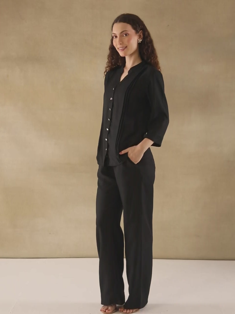 Melange Linen Triple Pintuck Black Co-ord Set
