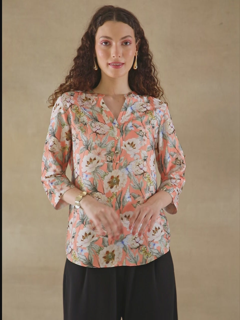 Peach Swarovski Floral Shirt