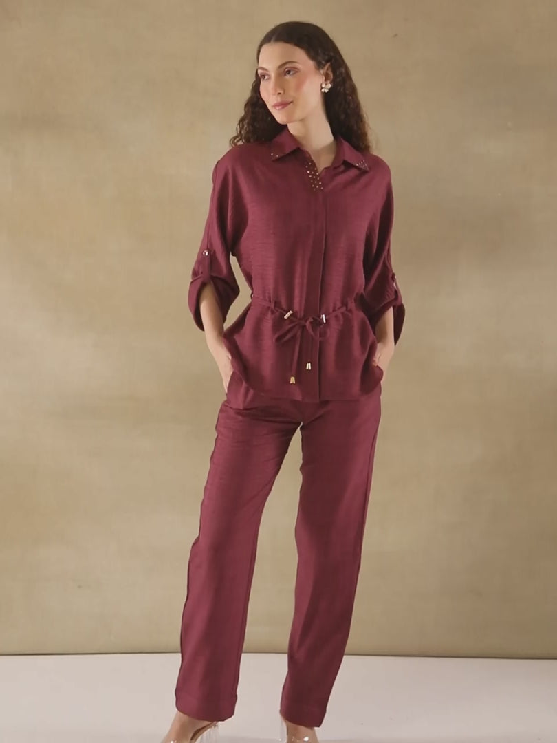 Wine Swarovski Linen Co-ord Set