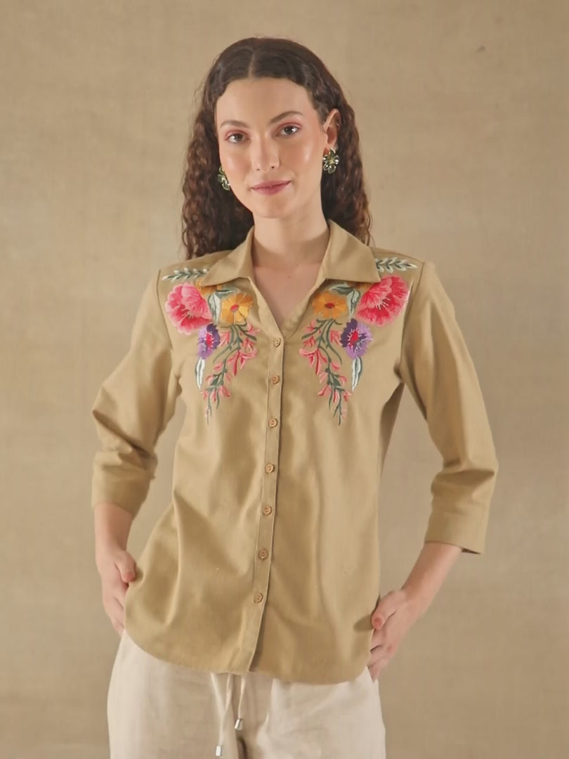Linen Khaki Garden Embroidered Shirt