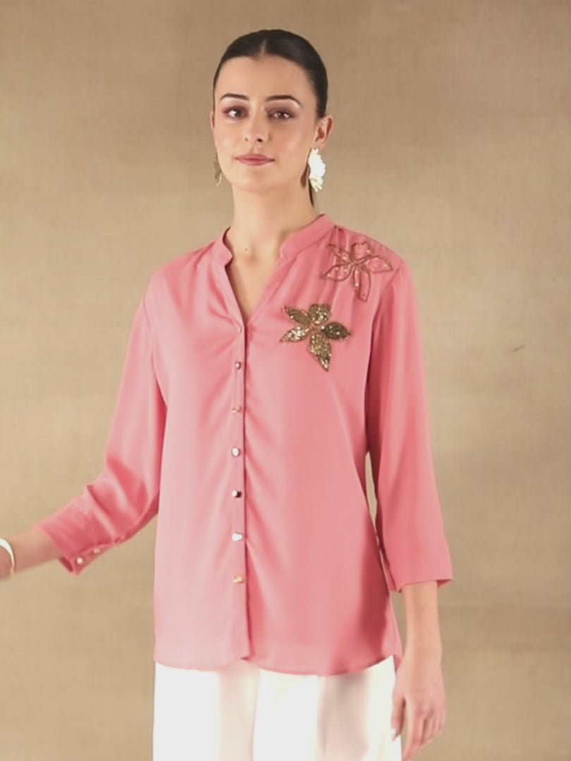 Dual Floral Sequins Pink Shirt