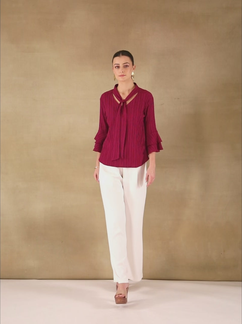 Pleated Bell Sleeve Maroon Top