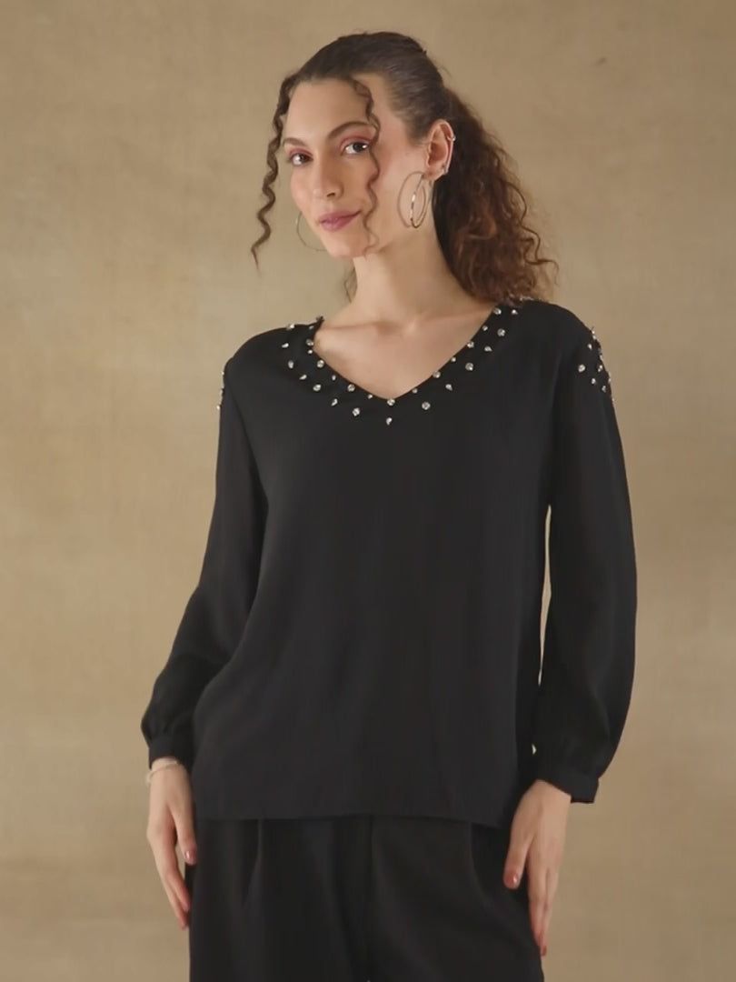 Rhinestone Georgette Black Top