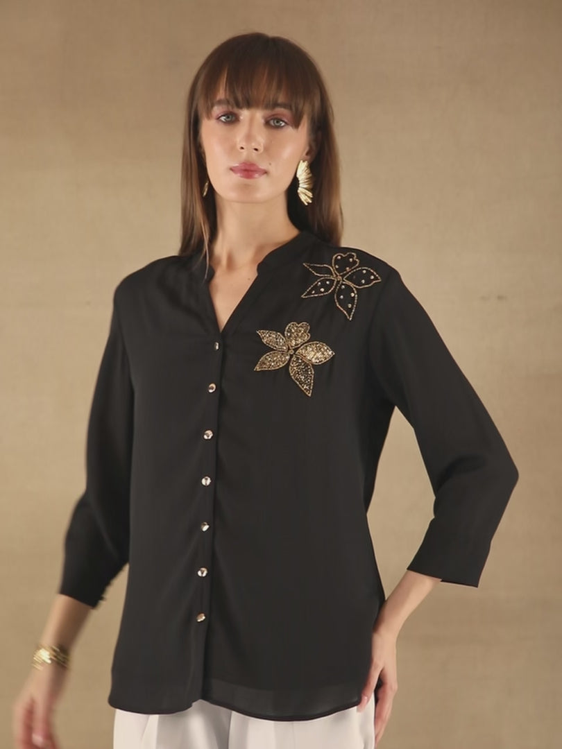 Dual Floral Sequins Black Shirt