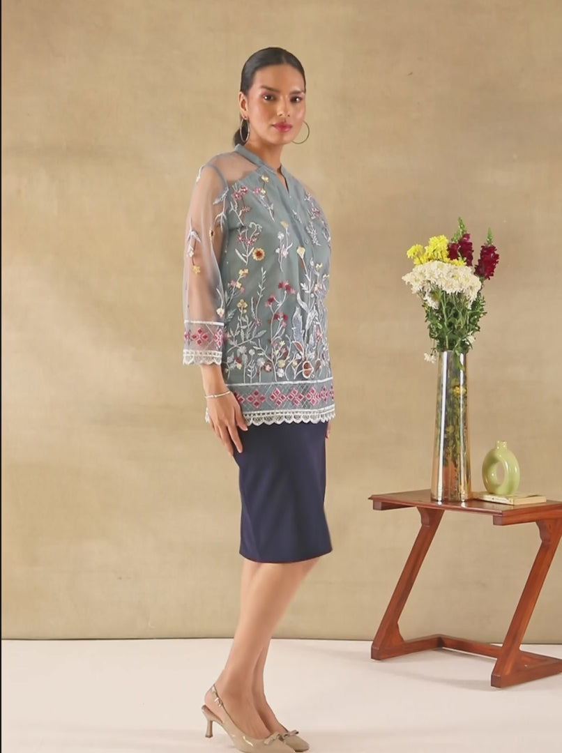 Blue Meadow Embroidered Sheer Shirt