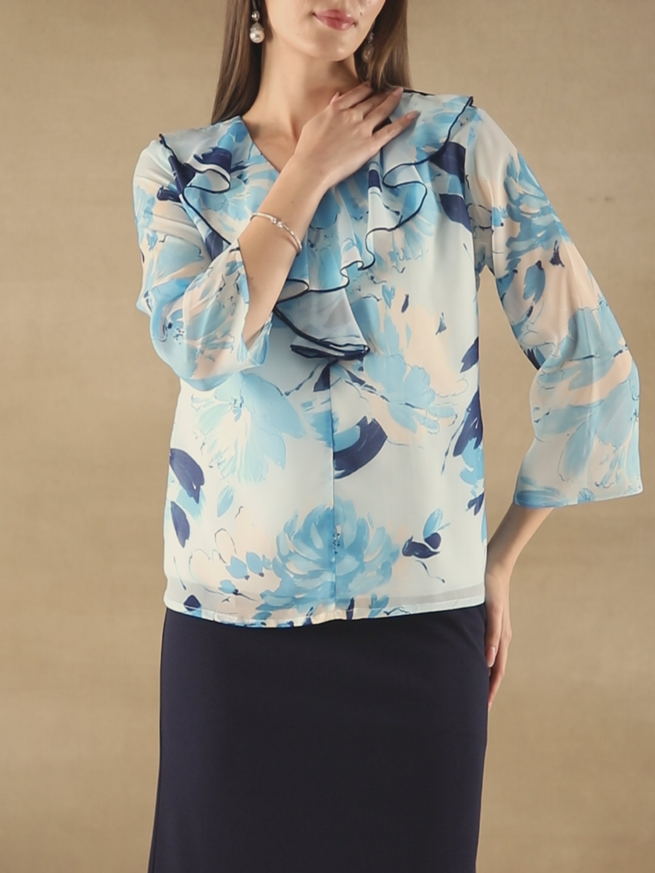 Front Frill Chiffon Blue Top