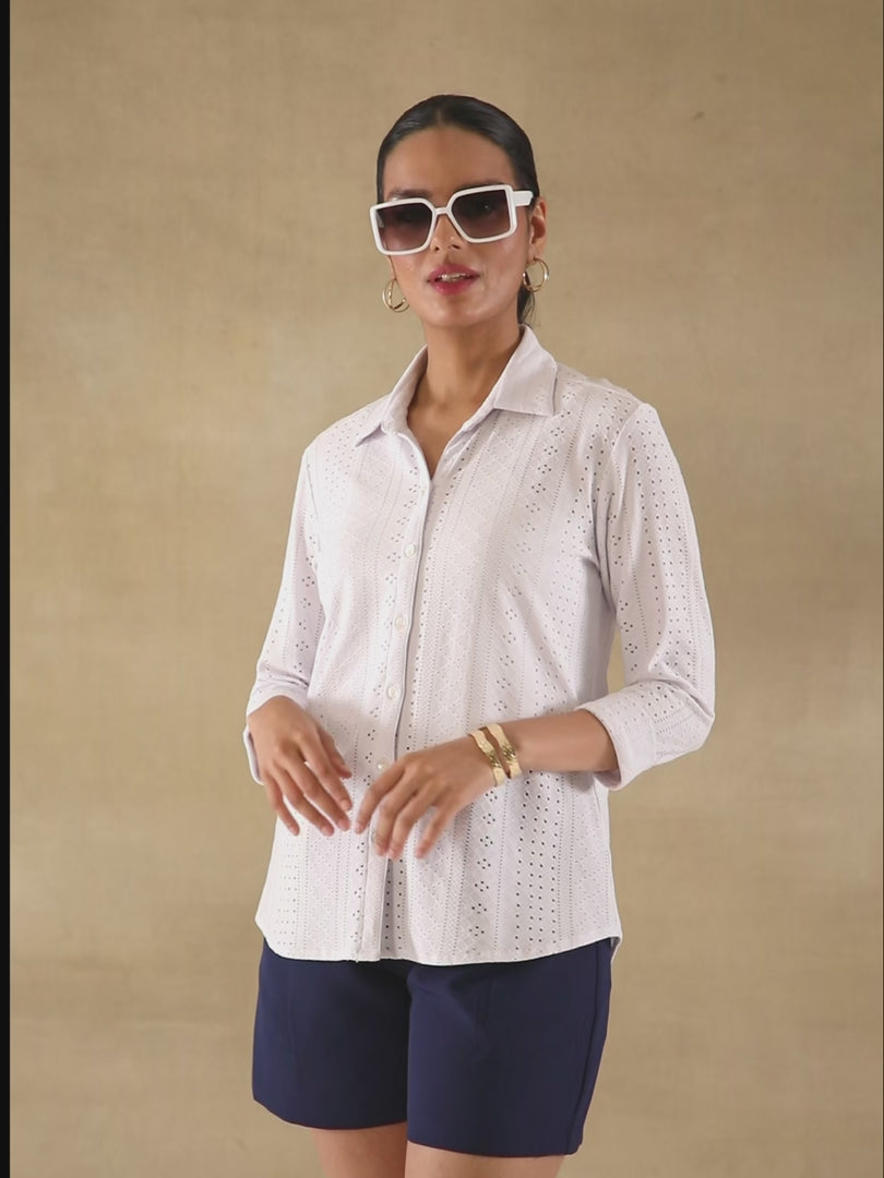 White Linear Schiffli Knit Shirt