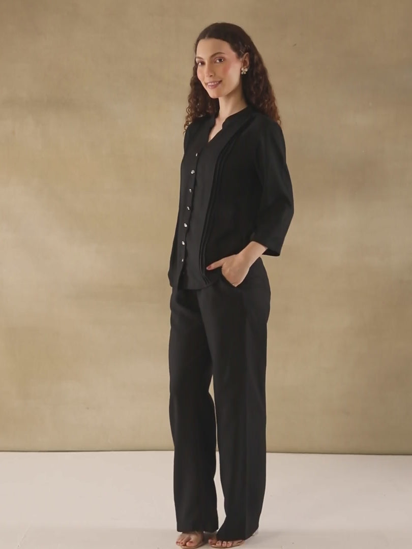 Black Drawstring Melange Linen Pants