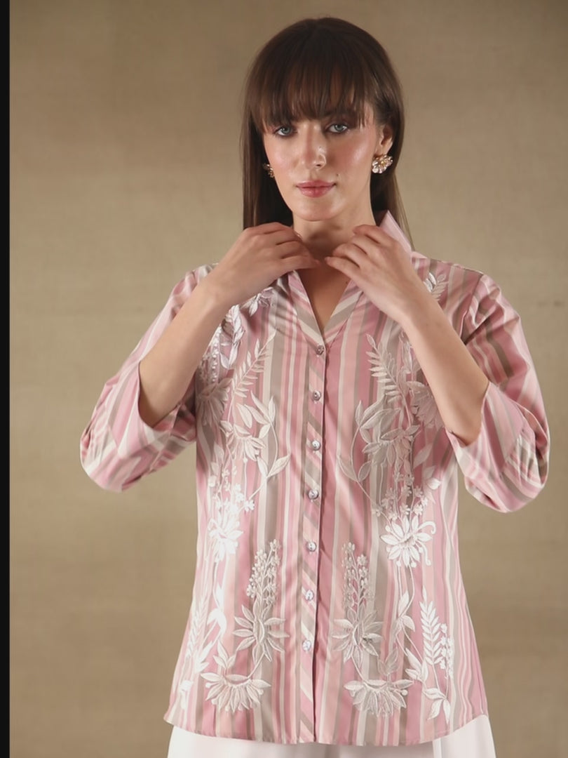 Embroidered Cotton Pink Stripe Shirt
