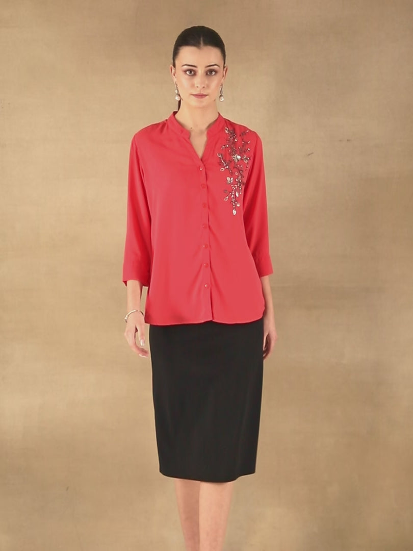 Fern Sequins Georgette Scarlet Shirt