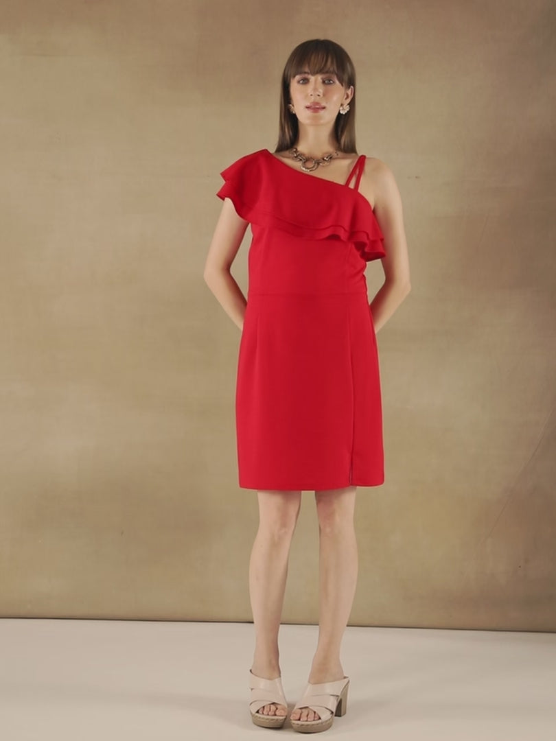 Marine One Shoulder Frill Dress