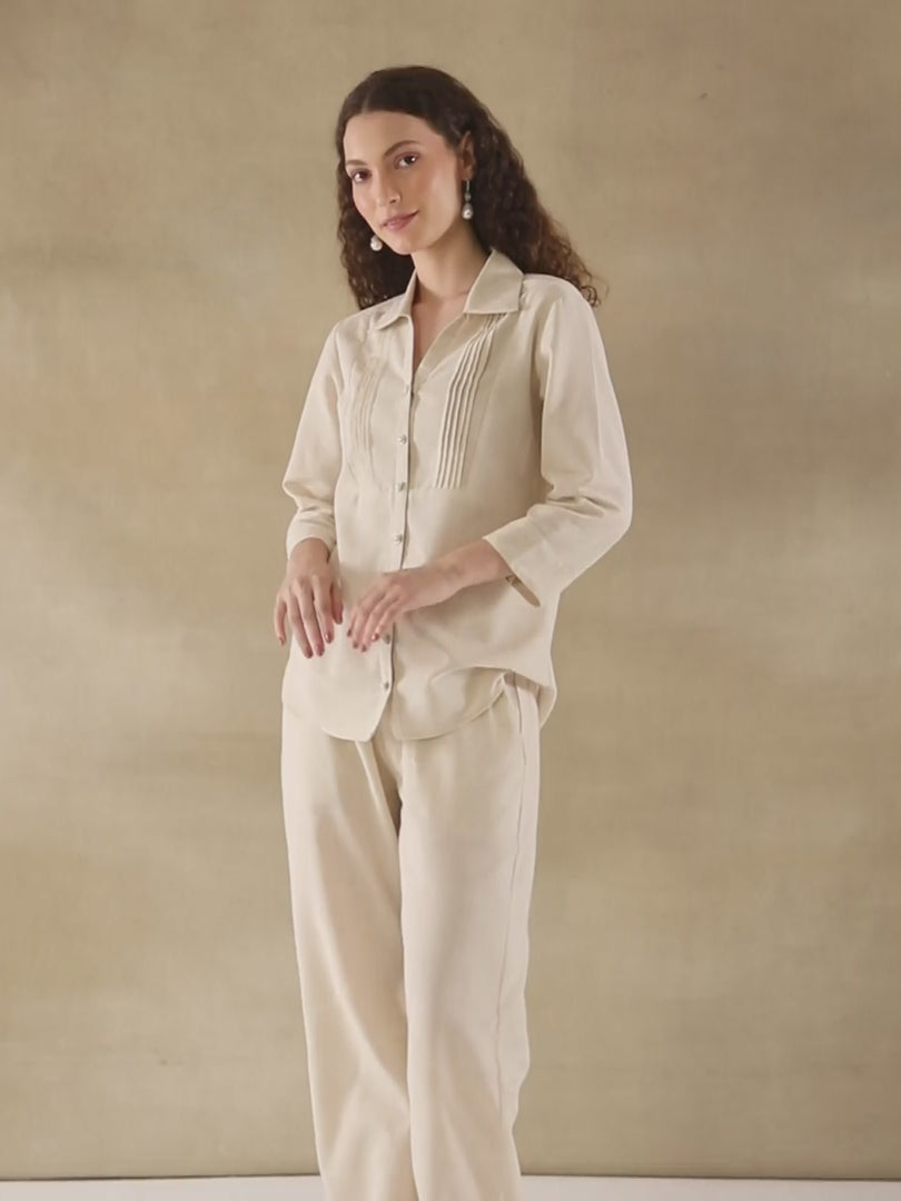 Beige Linen Yoke Pintuck Co-ord Set