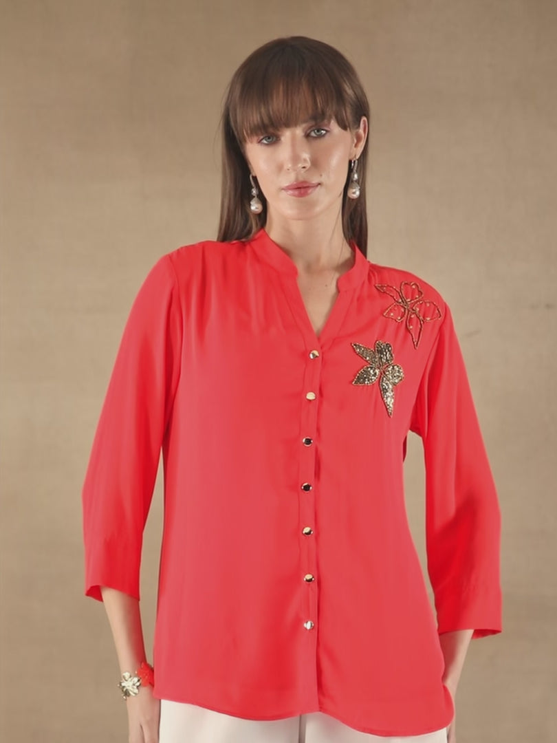 Dual Floral Sequins Coral Shirt
