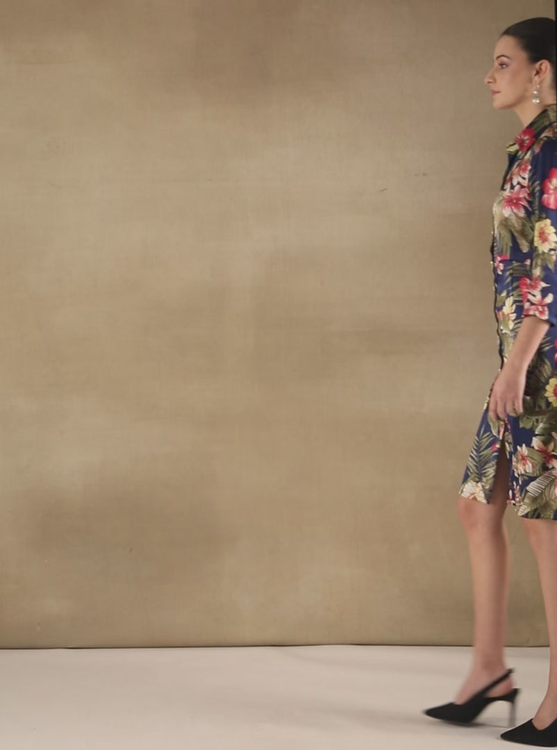 Palm Breeze Navy Midi Satin Dress