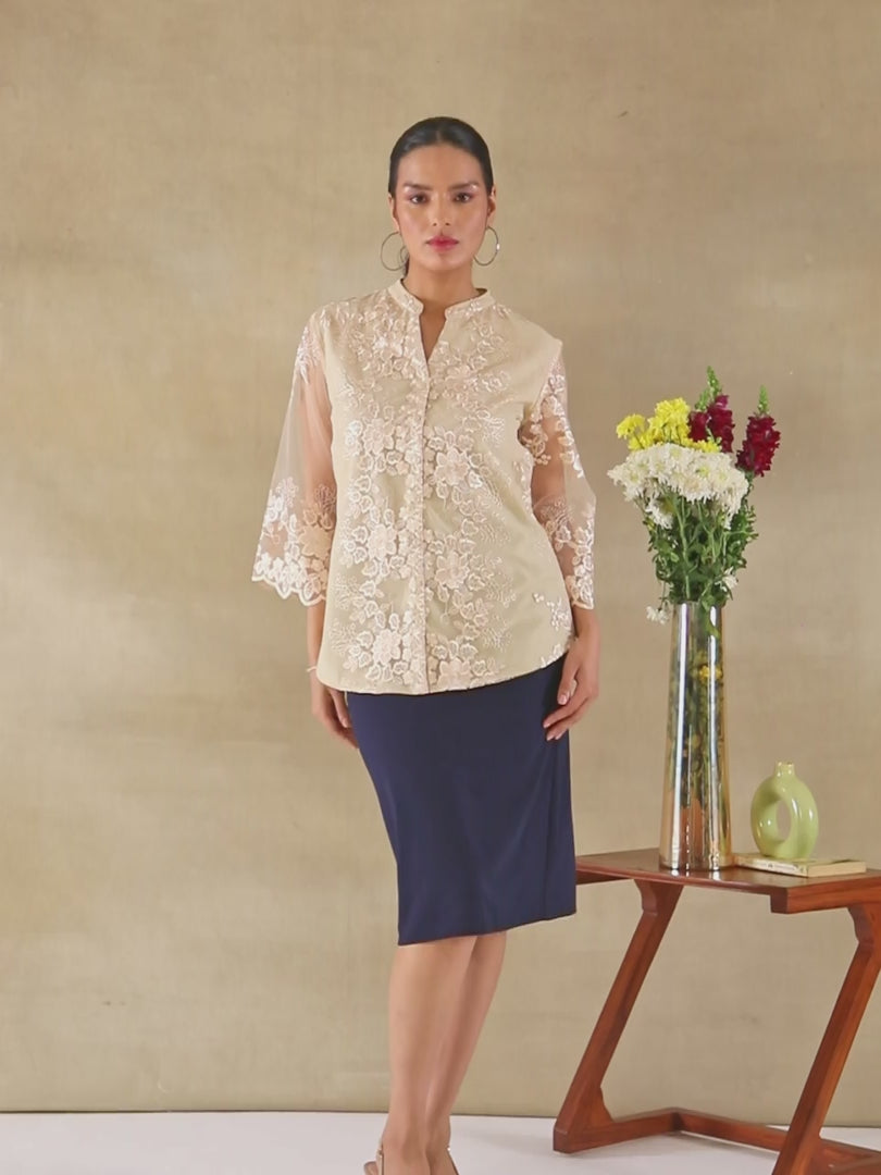Beige Whisper Embroidered Sheer Shirt