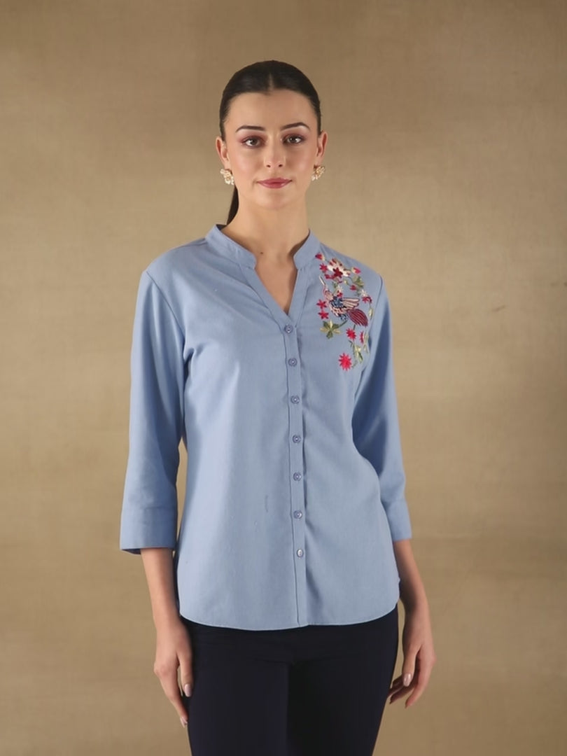 Linen Bird Embroidered Aqua Shirt