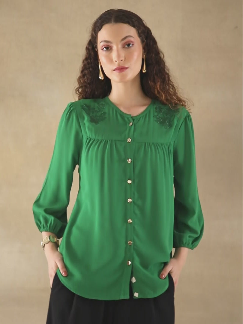 Swarovski Round Neck Green Top