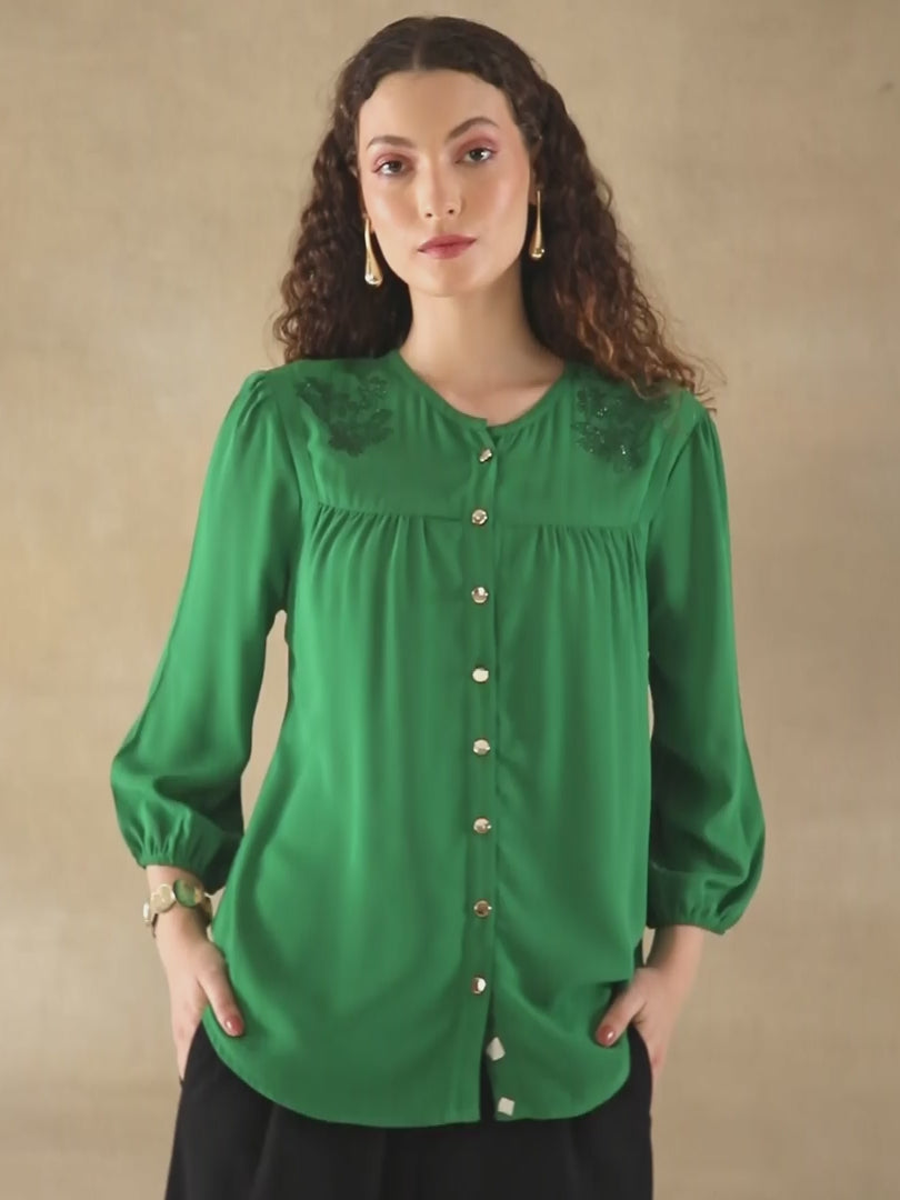 Crystal Round Neck Green Top