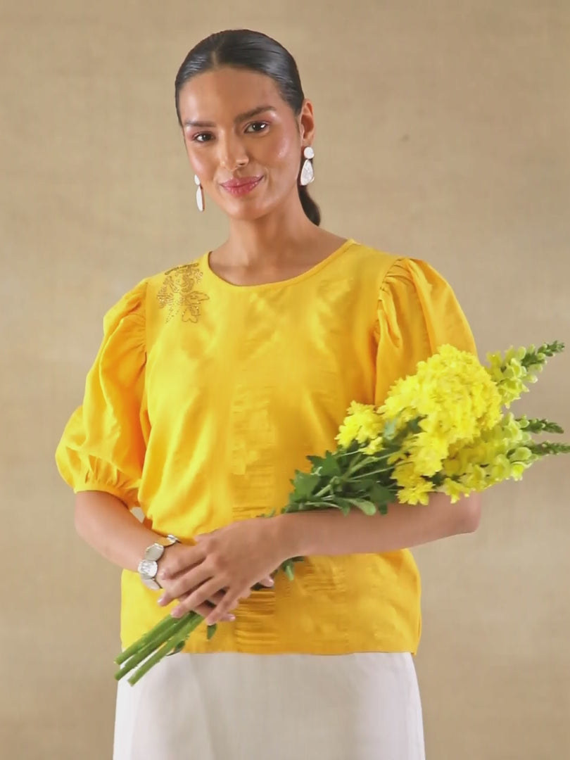 Yellow Swarovski Puff Sleeve Top