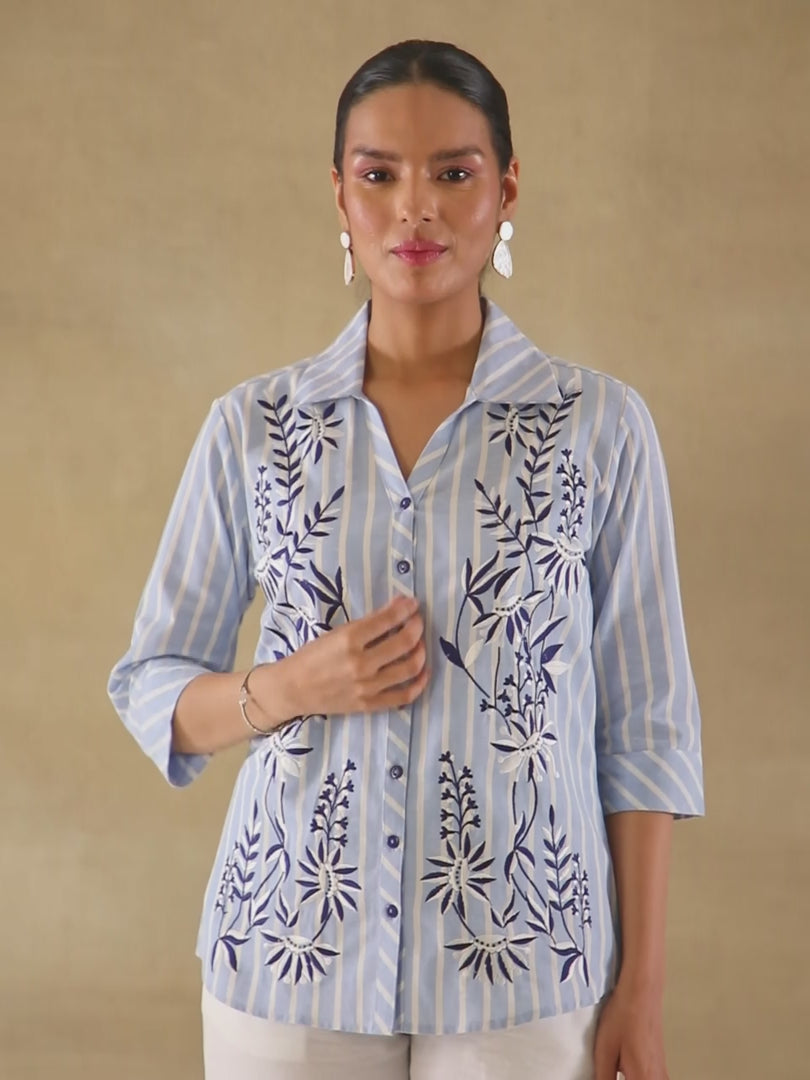 Embroidered Stripe Indigo Linen Shirt