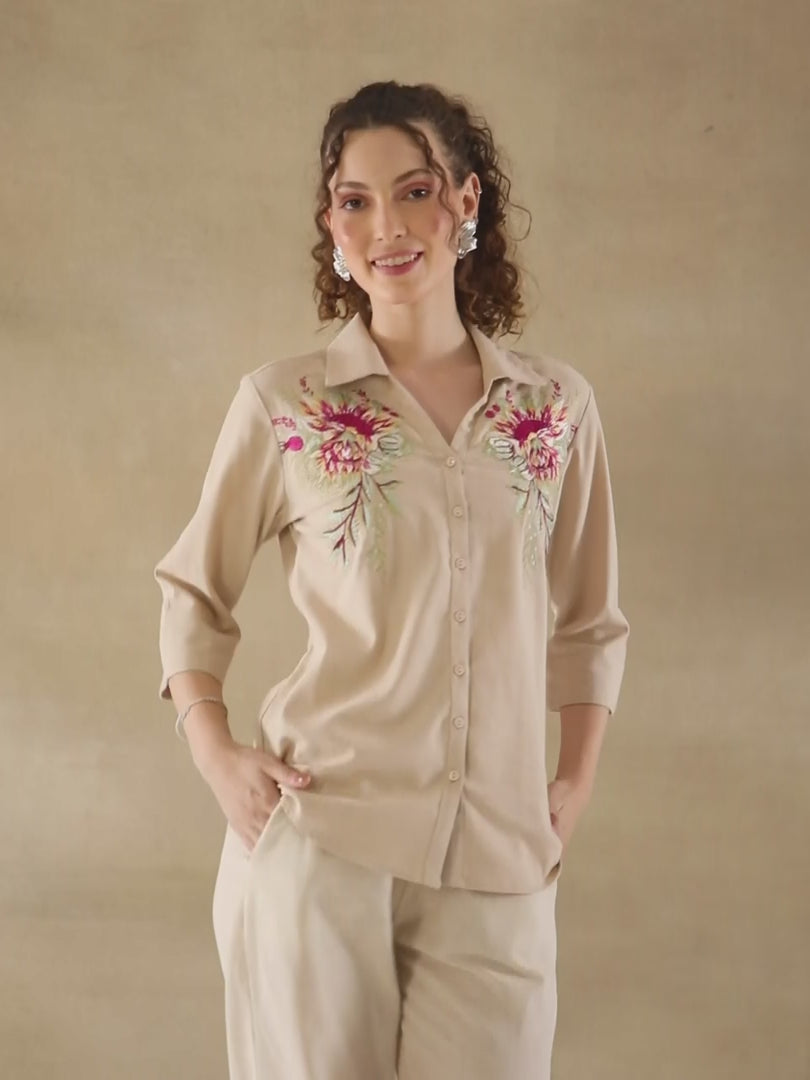 Linen Blossom Embroidered Beige Shirt