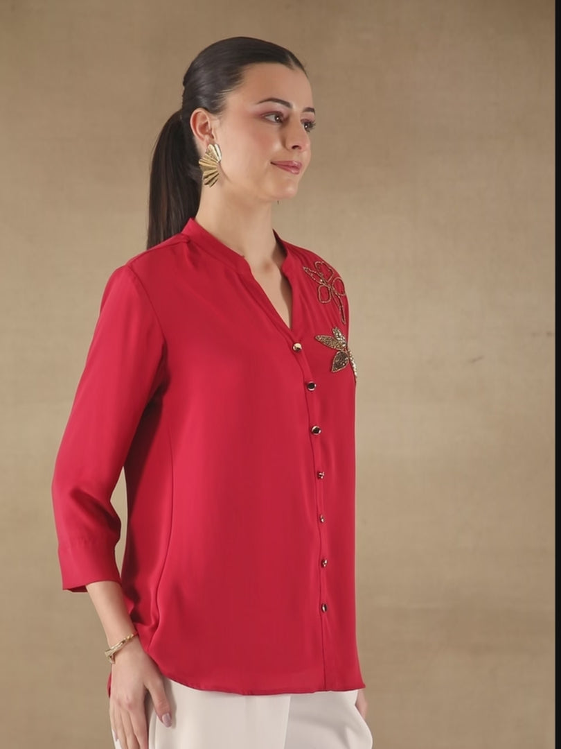 Dual Floral Sequins Red Shirt