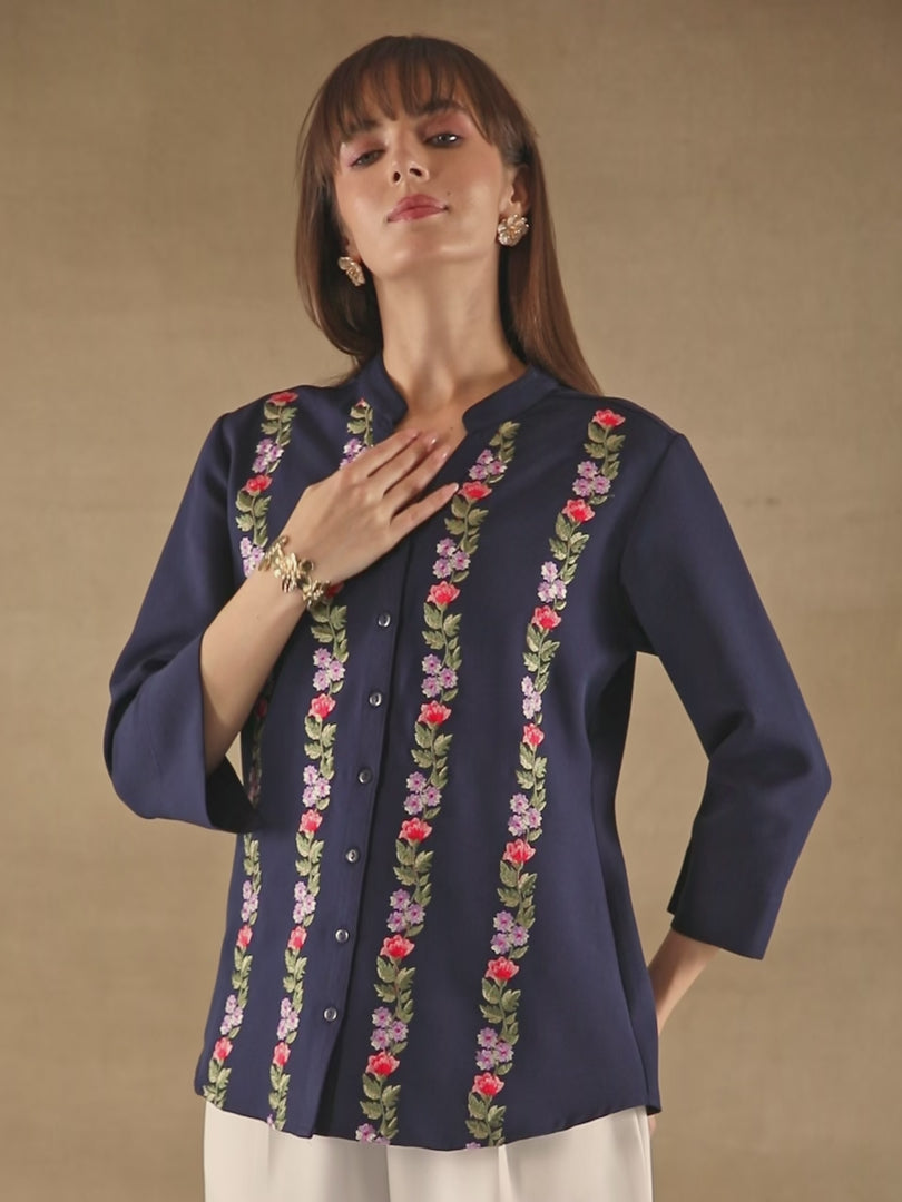 Panelled Embroidery Navy Shirt