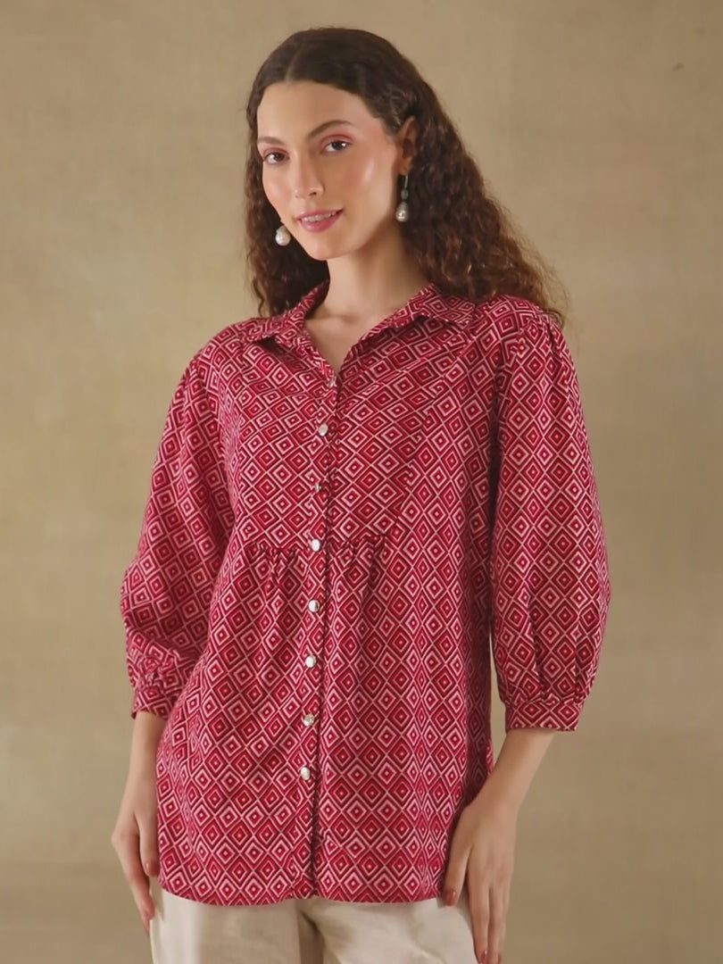 Crimson Diamond Print Linen Shirt