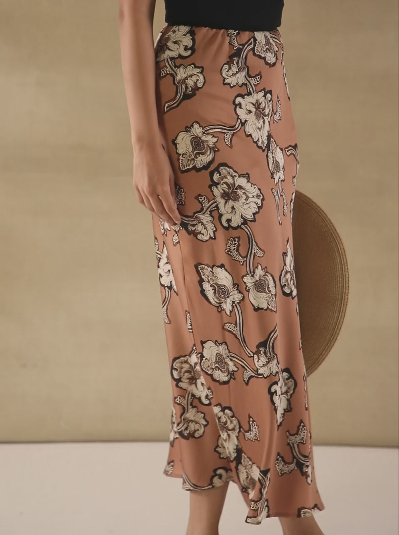 Burnt Peach Floral Satin Skirt