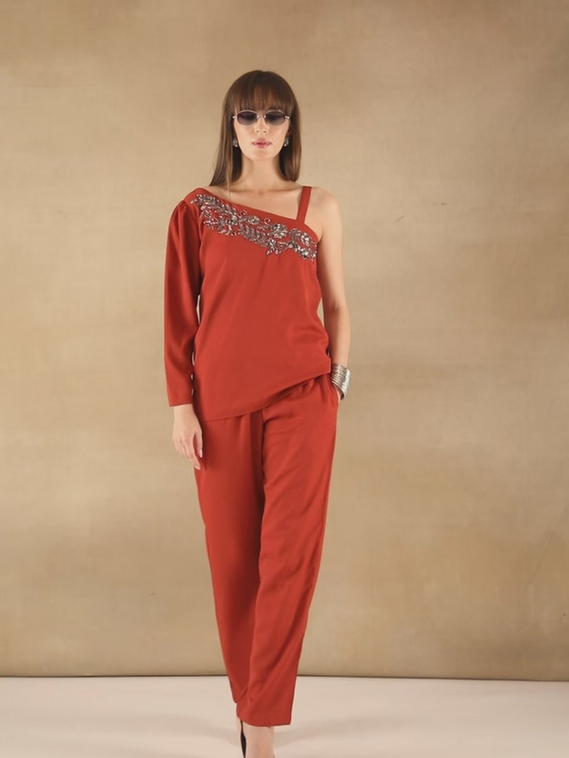One-Sleeve Embellished Rust Co-ord Set