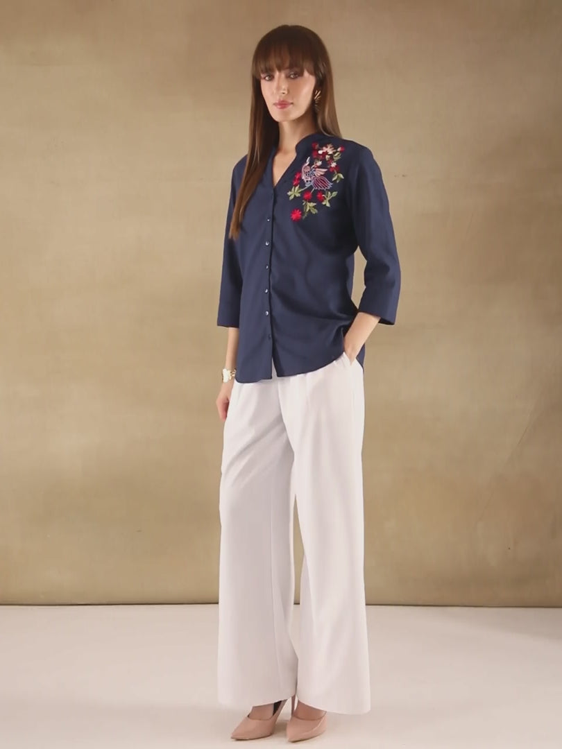 Linen Bird Embroidered Navy Shirt