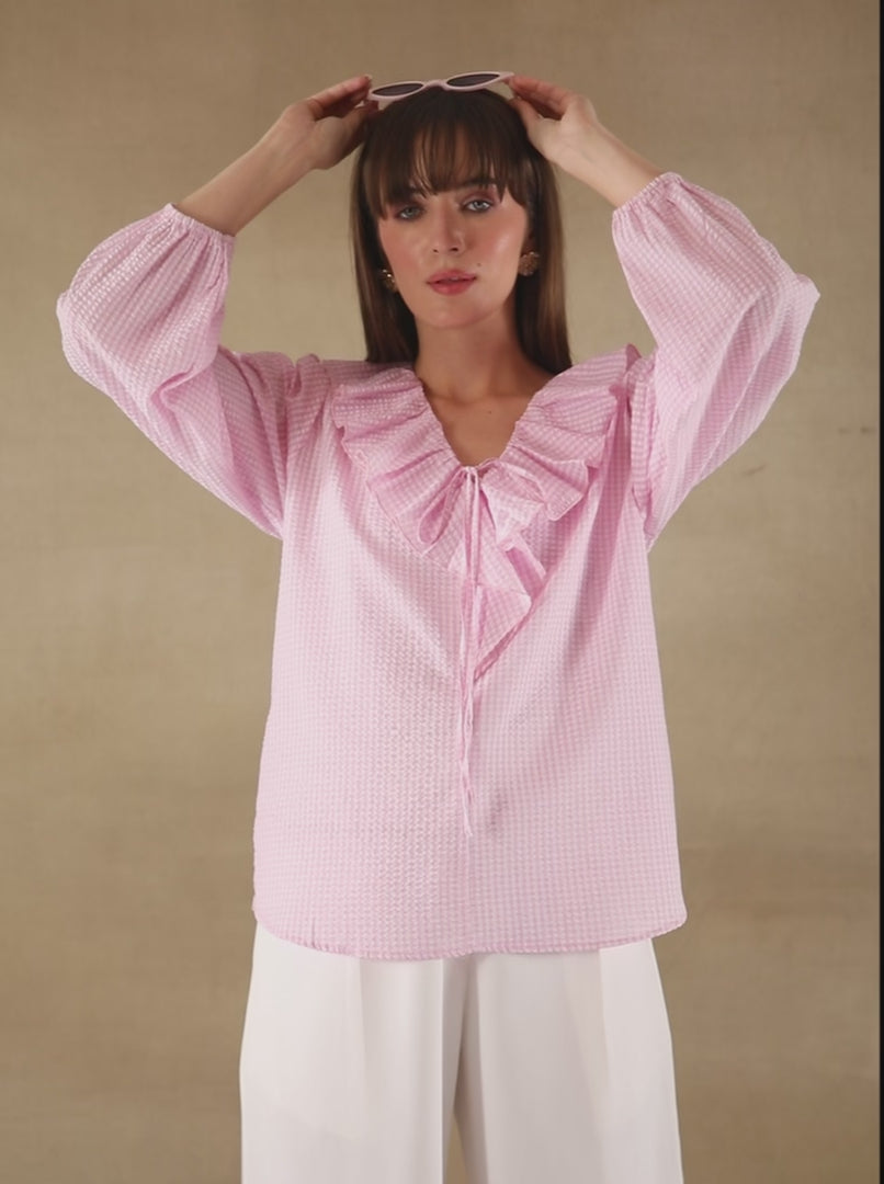 Ghingham Check Front Frill Pink Top