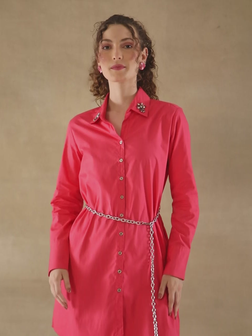 Rhinestone Collar Coral Shirt Dress