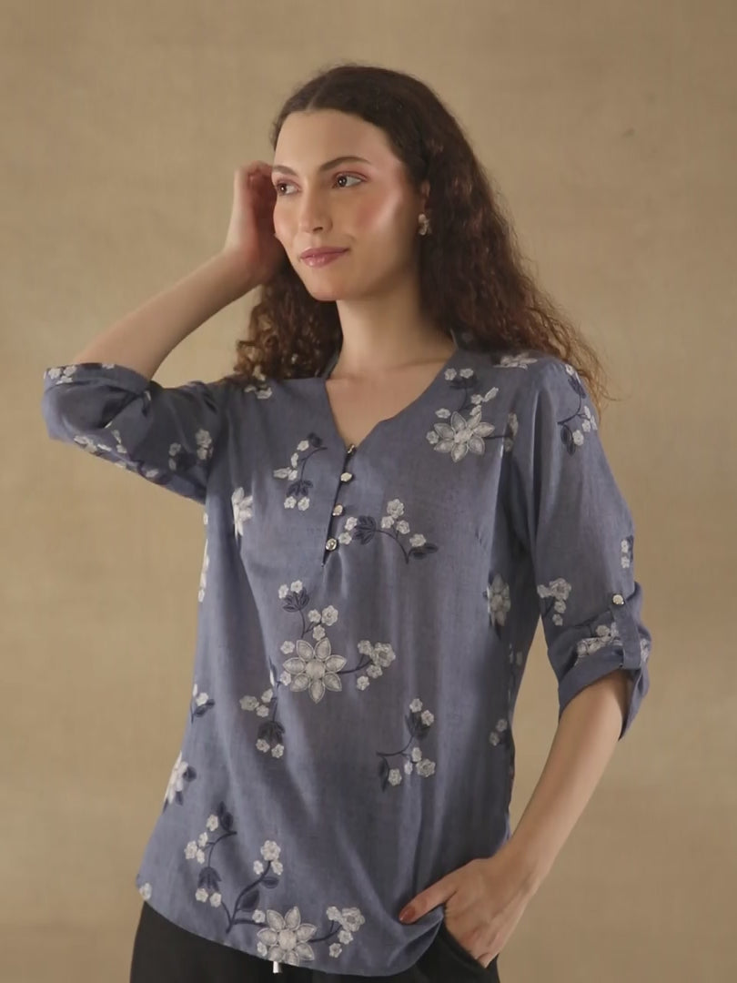 Slate White Floral Print Cotton Top