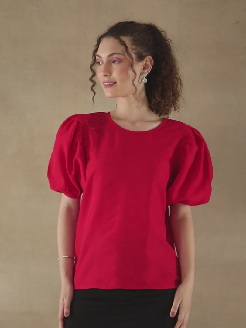 Red Swarovski Puff Sleeve Top