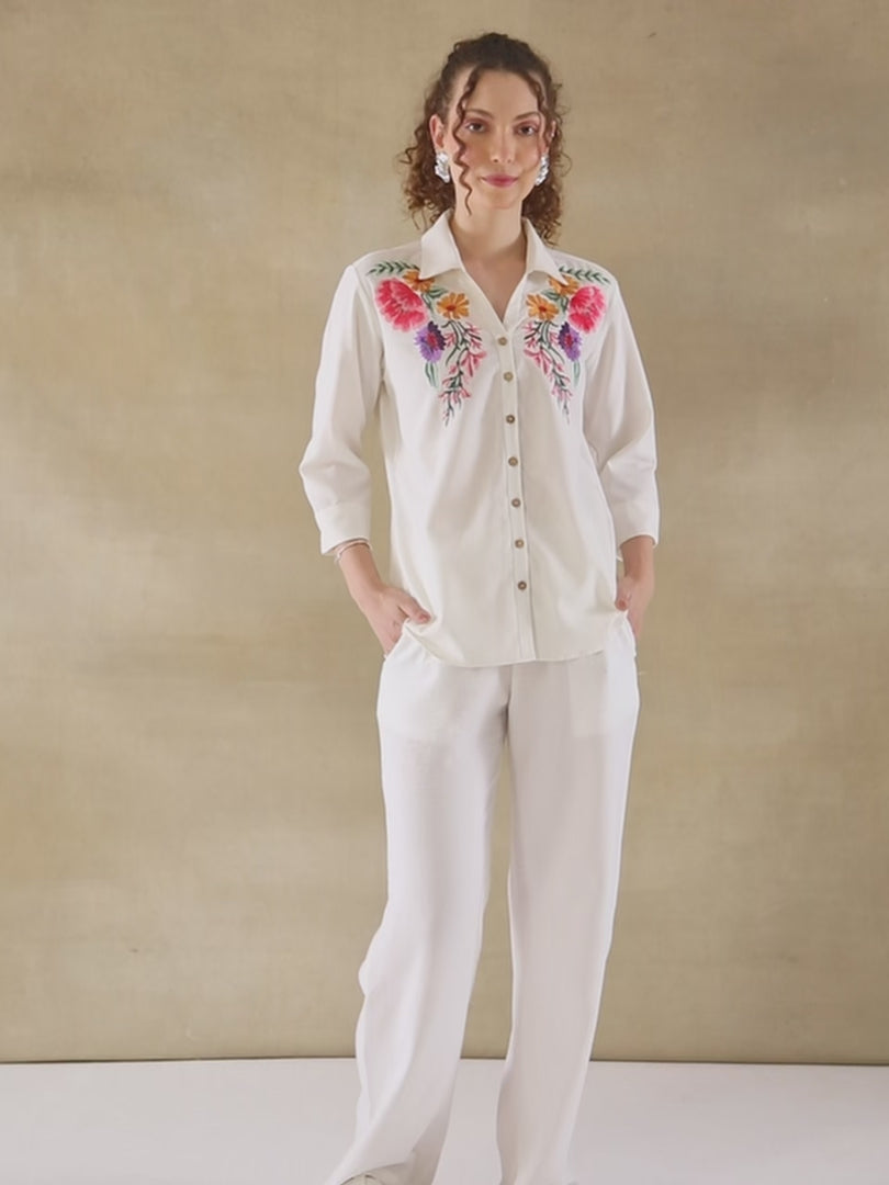 Linen White Garden Embroidered Shirt
