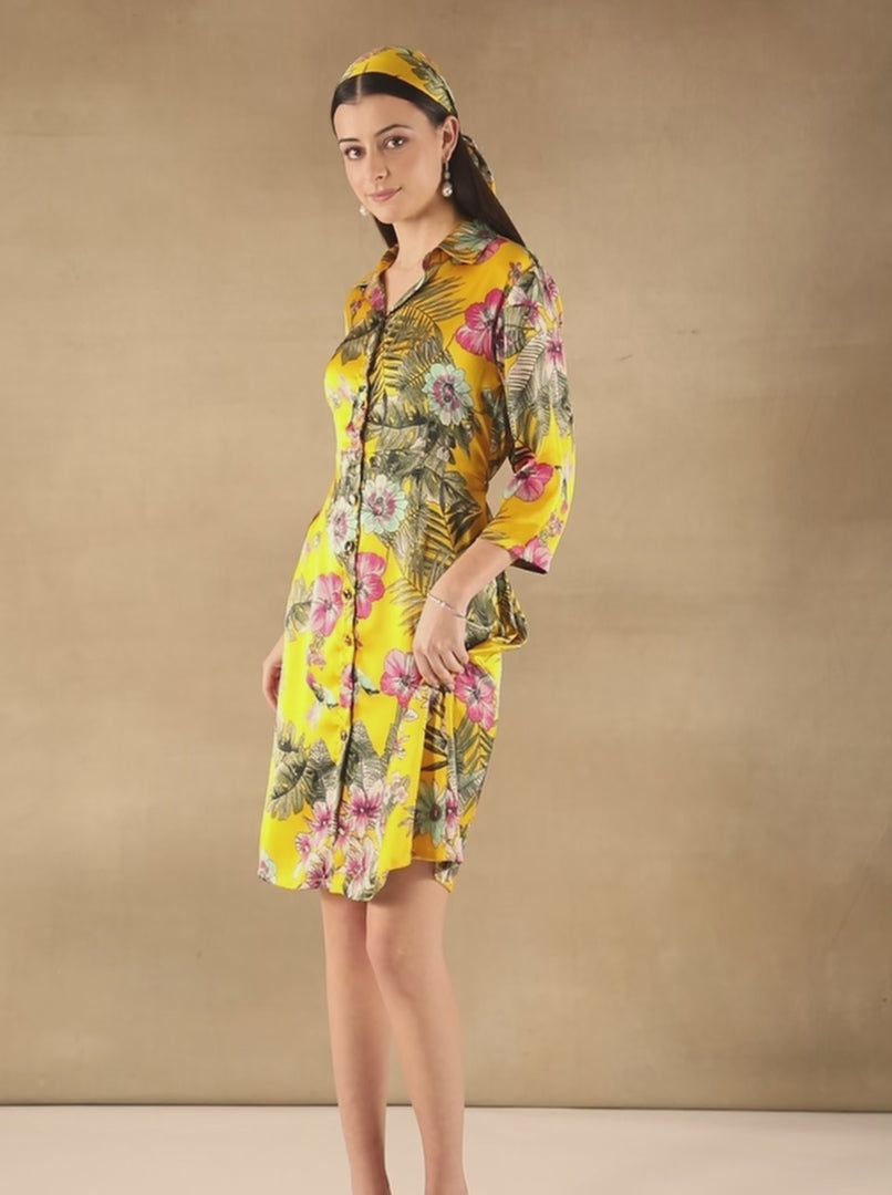 Palm Breeze Yellow Midi Satin Dress