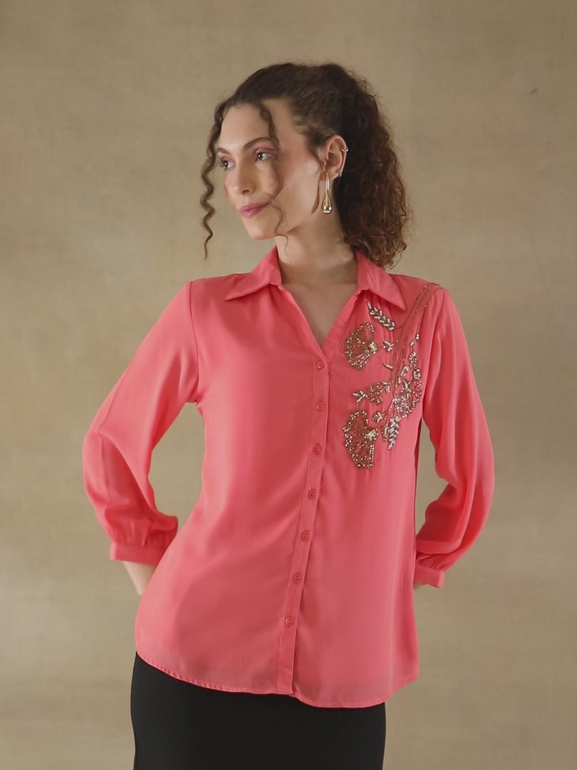 Coral Triple Flower Sequin Shirt