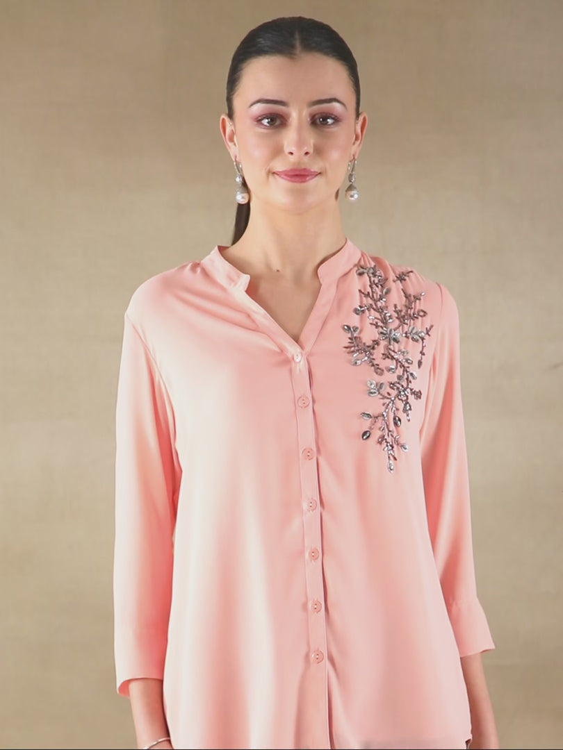 Fern Sequins Georgette Peach Shirt