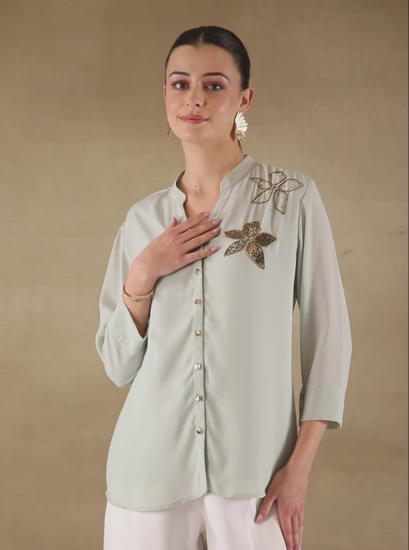 Dual Floral Sequins Grey Shirt