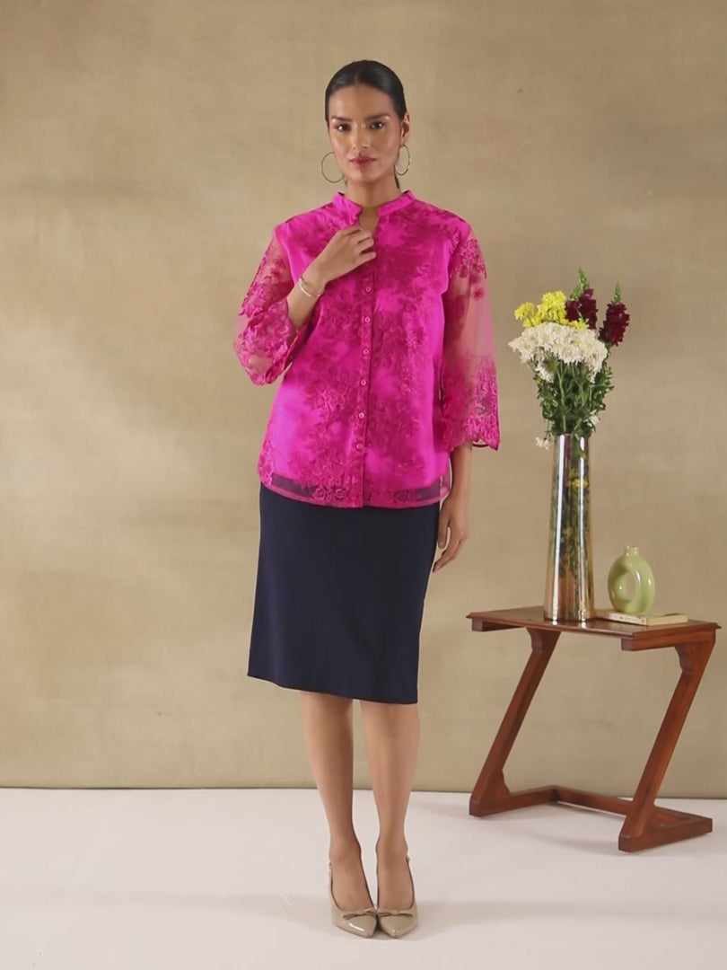 Rosé Bloom Embroidered Sheer Shirt