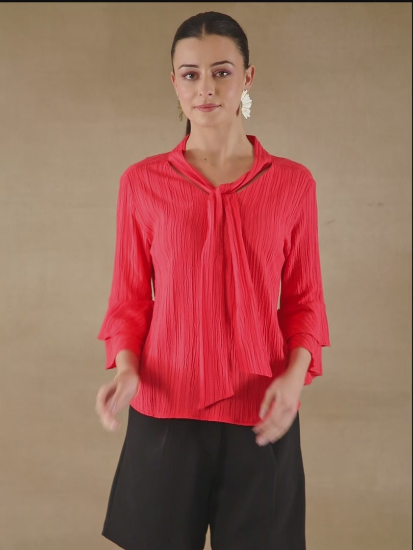 Pleated Bell Sleeve Red Top