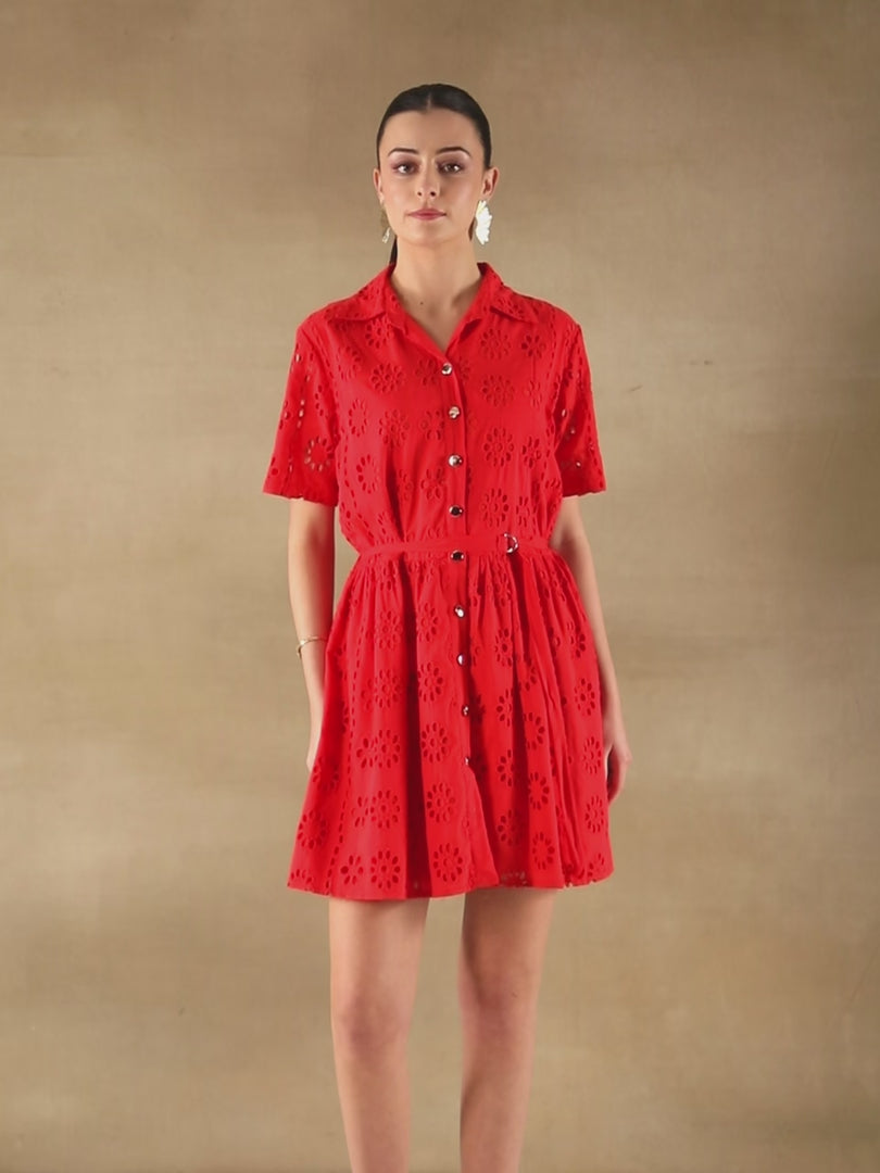 Flame Red Schiffli Flare Short Dress